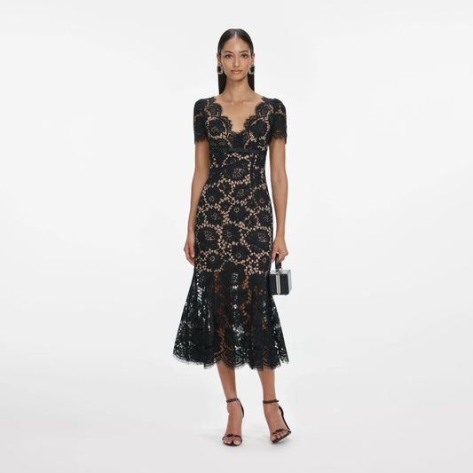 Black Floral Lace Midi Dress