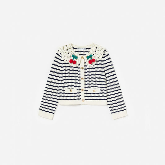 Cream And Navy Striped Knitted Cardigan
