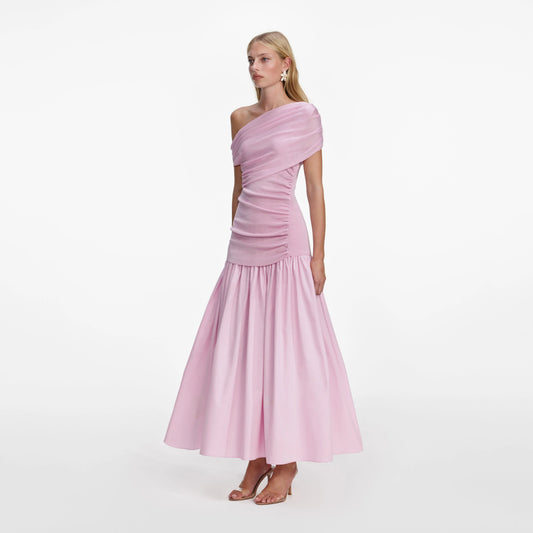 Pink Cotton Draped Knit Midi Dress