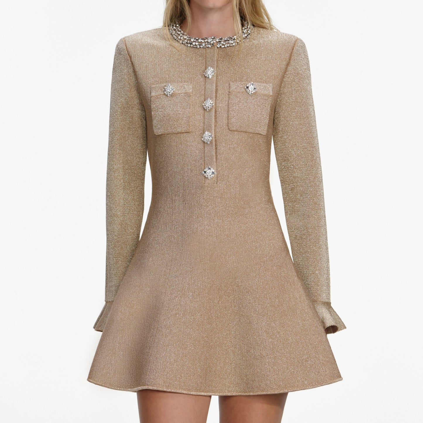 Gold Crystal Trim Knit Mini Dress