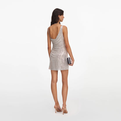 Silver Rhinestone Draped Mini Dress