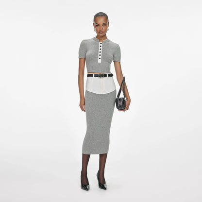 Grey Knit Denim Insert Midi Skirt