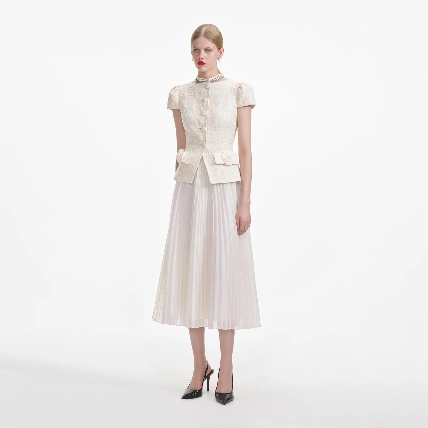 Cream Boucle Bow Detail Midi Dress