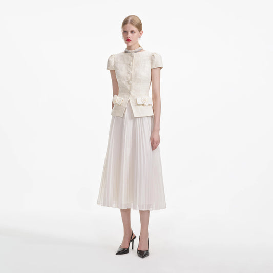 Cream Boucle Bow Detail Midi Dress