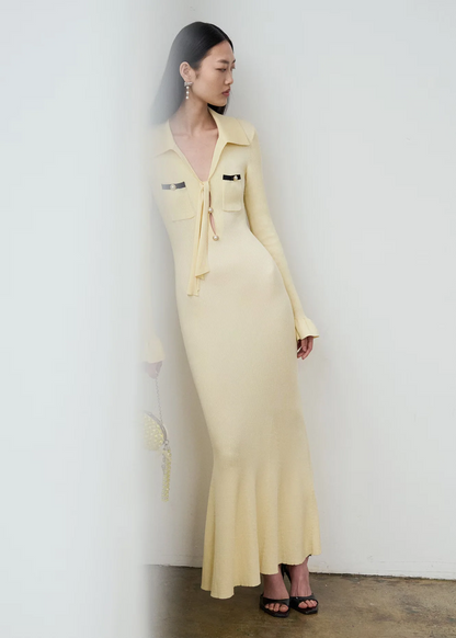 Yellow Viscose Knit Tie Midi Dress