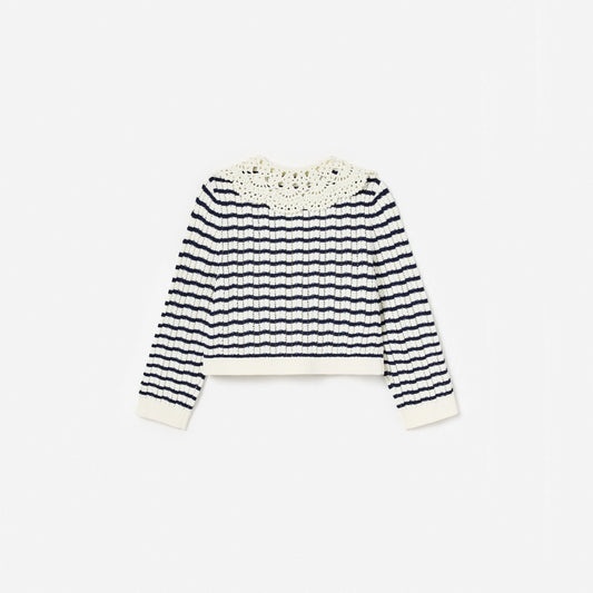 Cream And Navy Striped Knitted Cardigan