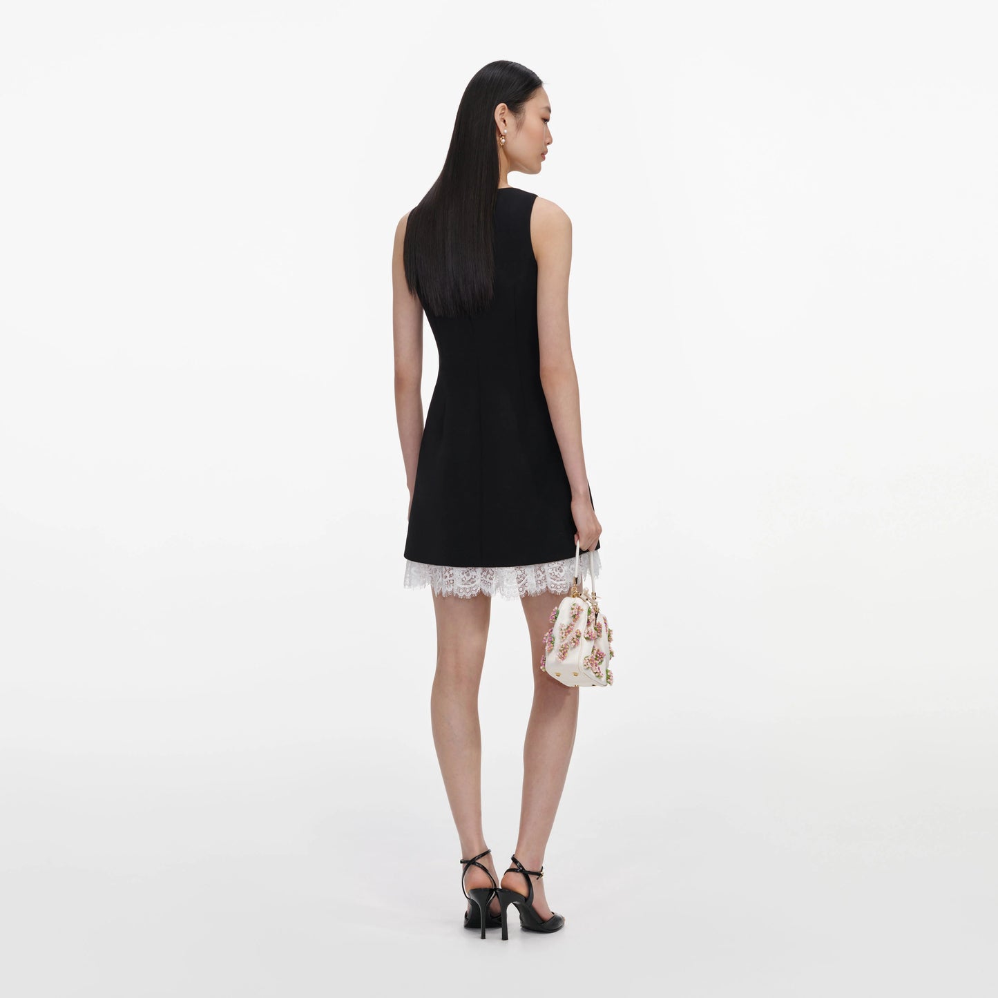 Black Crepe Bow Lace Mini Dress