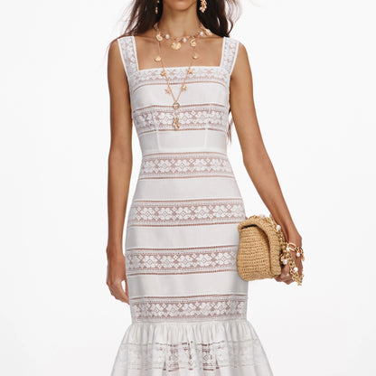 White Cotton Embroidered Midi Dress