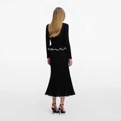 Black Lace Insert Peplum Knit Midi Dress