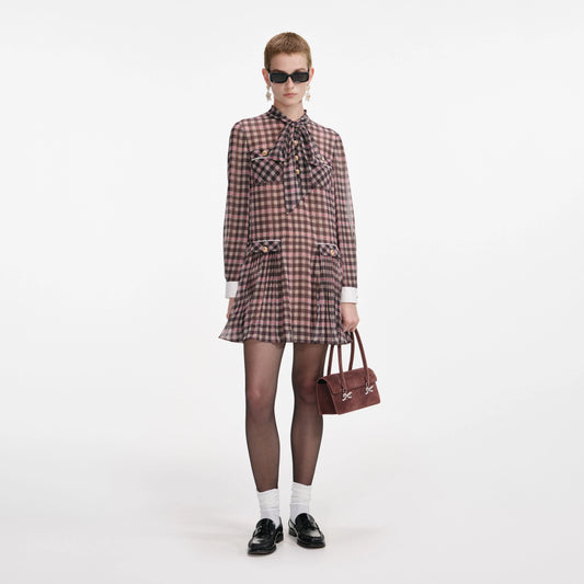Brown Check Chiffon Mini Dress