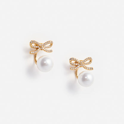 Gold Bow Pearl Jacket Earrings