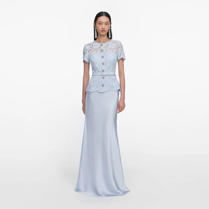 Blue Lace Satin Maxi Dress