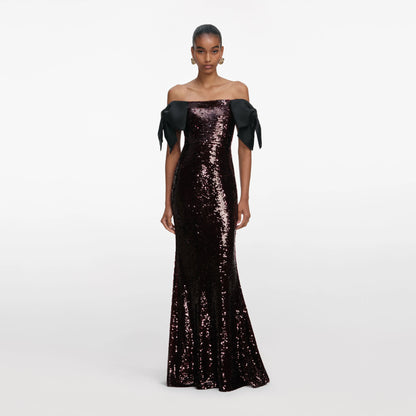 Brown Sequin Bow Maxi Dress