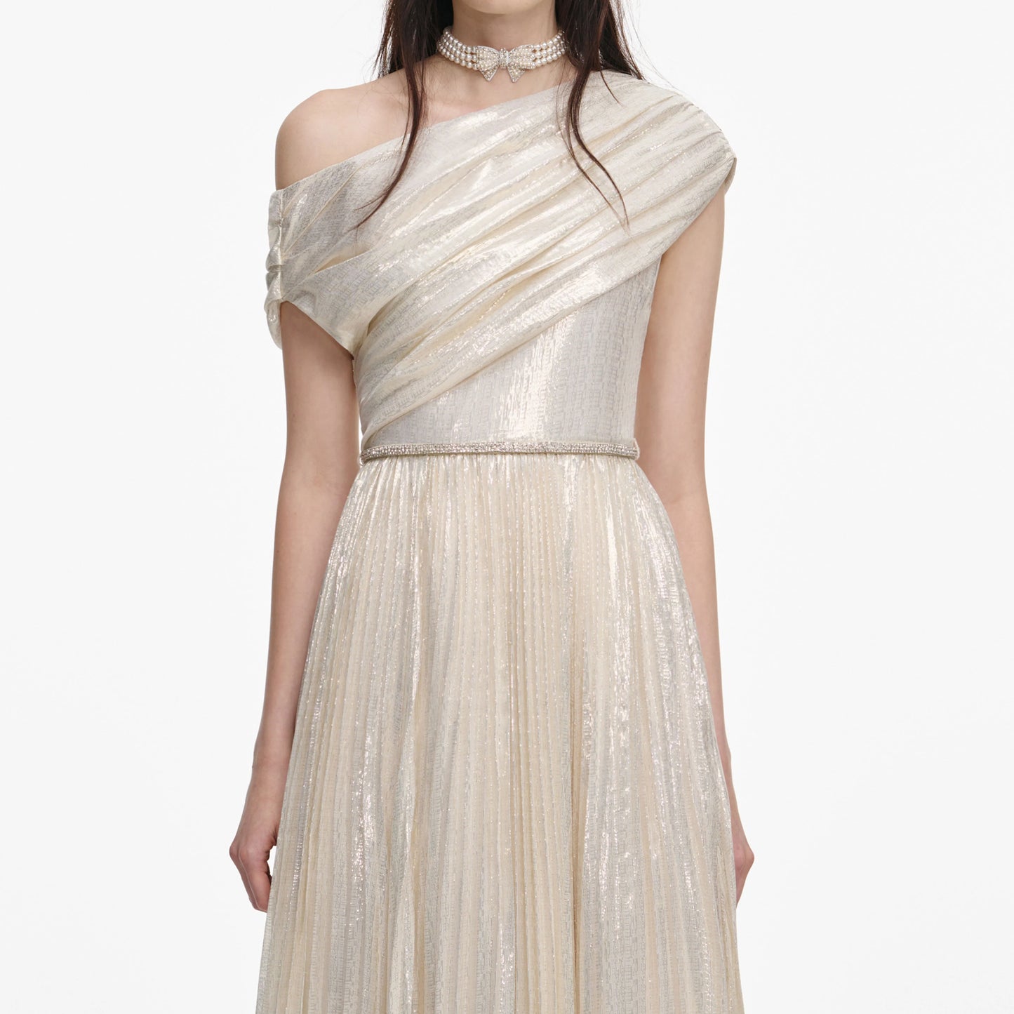 Champagne Metallic Chiffon Maxi Dress