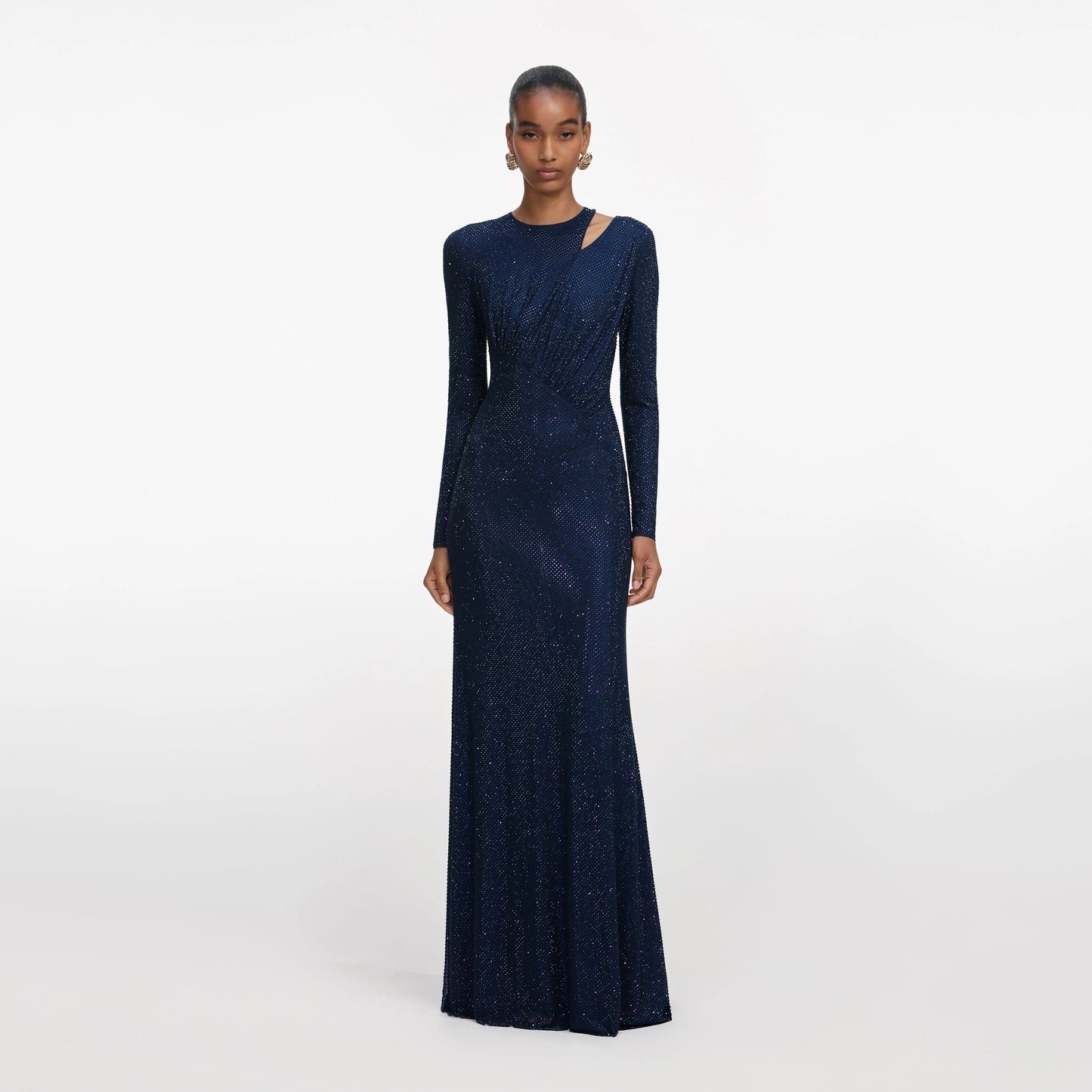Navy Rhinestone Mesh Cut Out Maxi Dress
