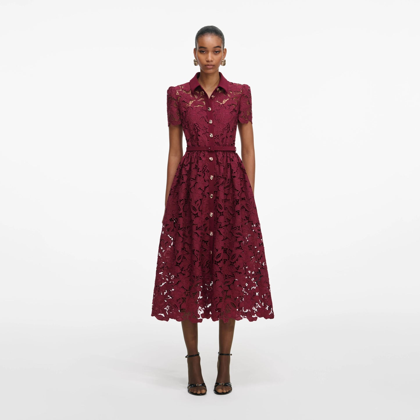 Burgundy Lace Collared Midi Dress