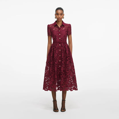Burgundy Lace Collared Midi Dress
