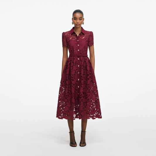 Burgundy Lace Collared Midi Dress