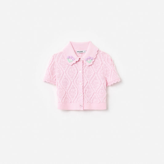 Pink Flower Embroidered Knit Top