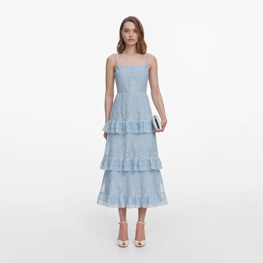 Blue Chiffon Lace Tiered Midi Dress