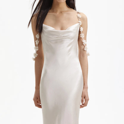 Champagne Satin Flower Maxi Dress