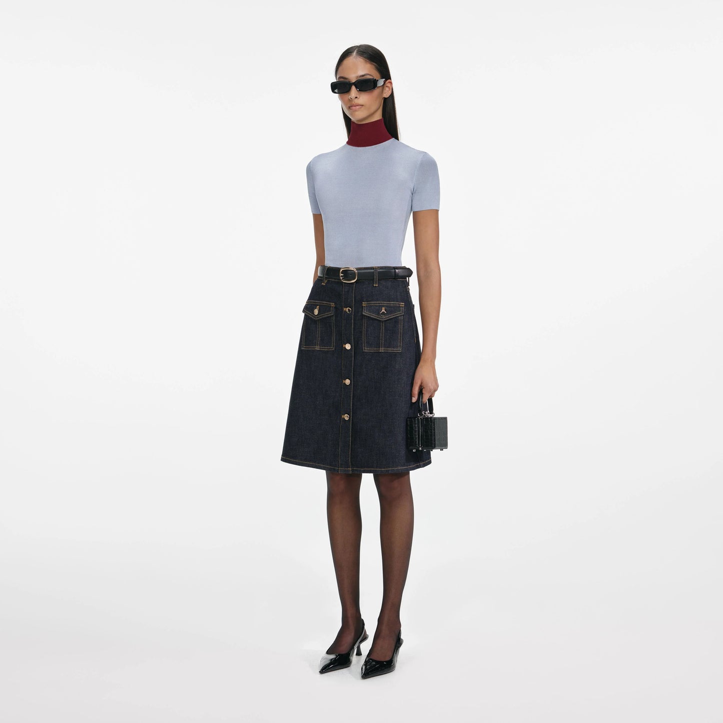Indigo Denim Belted Midi Skirt