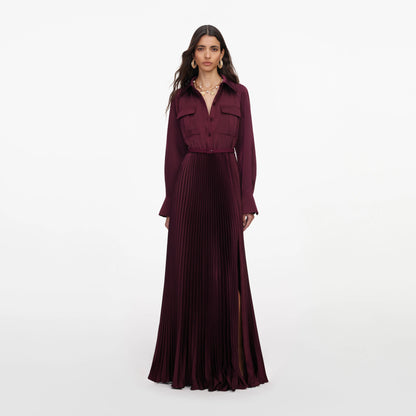 Plum Satin Pleated Maxi Dress