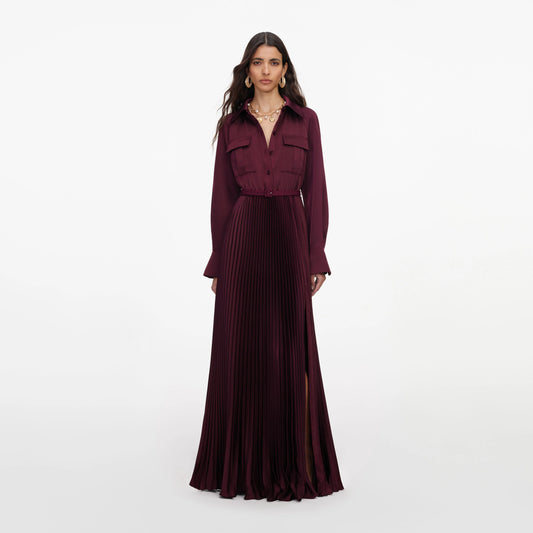 Plum Satin Pleated Maxi Dress