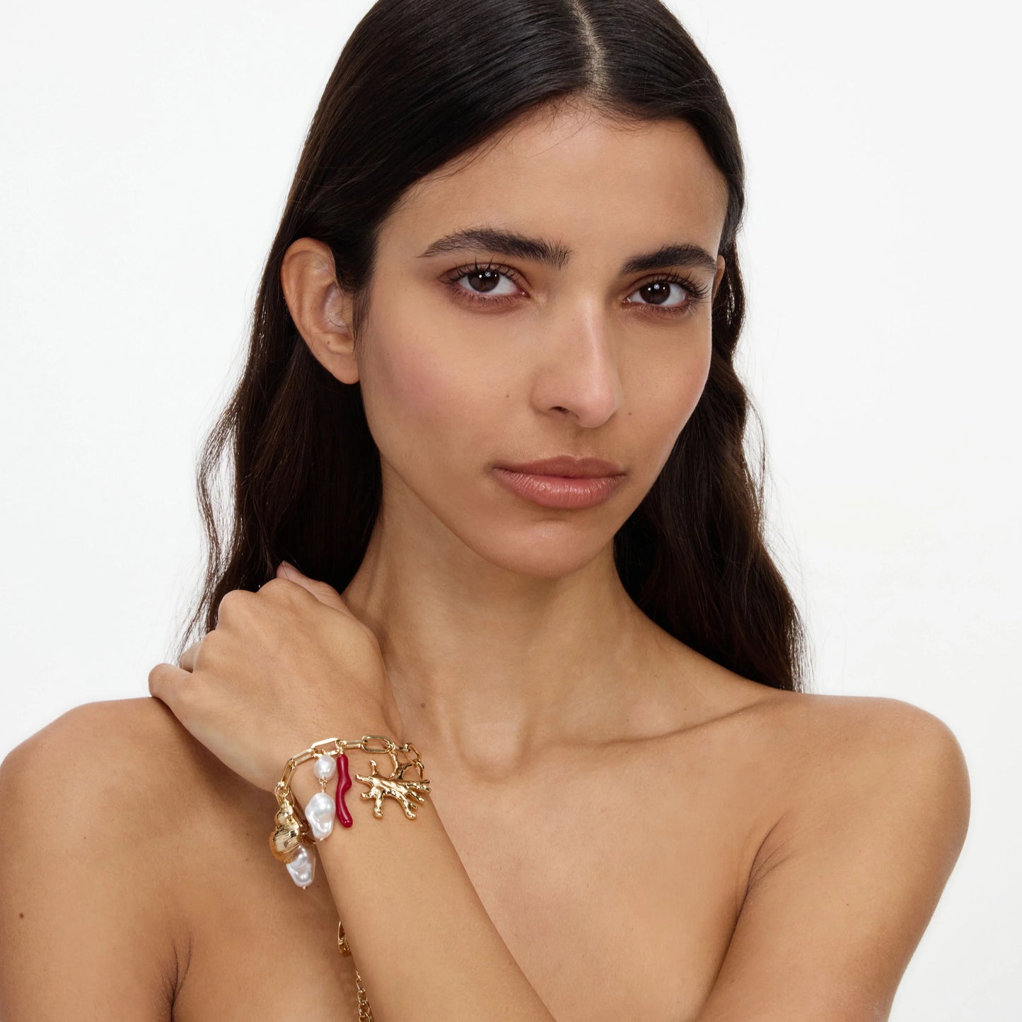 Gold Coral Pearl Charm Bracelet