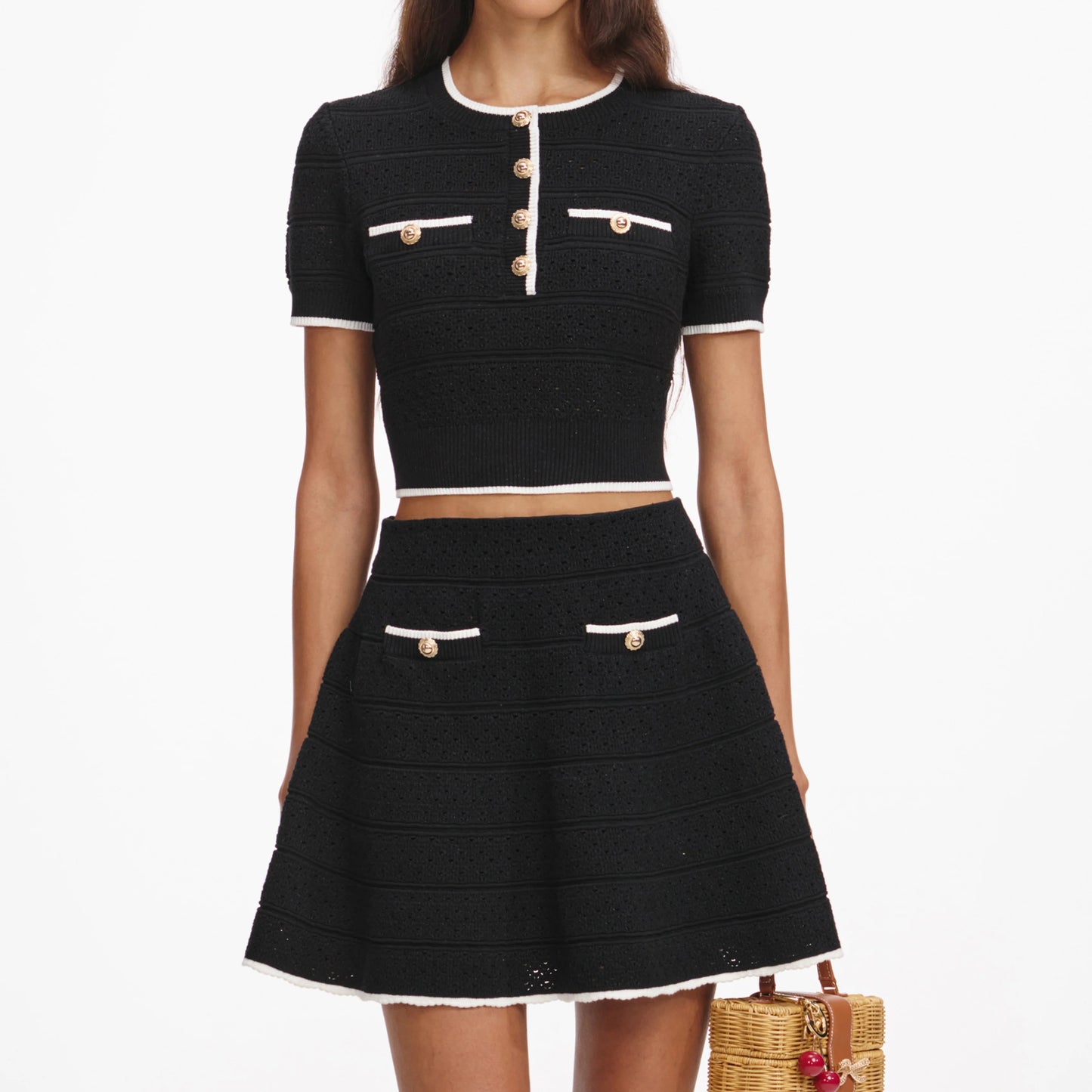 Black Pointelle Knit Mini Skirt