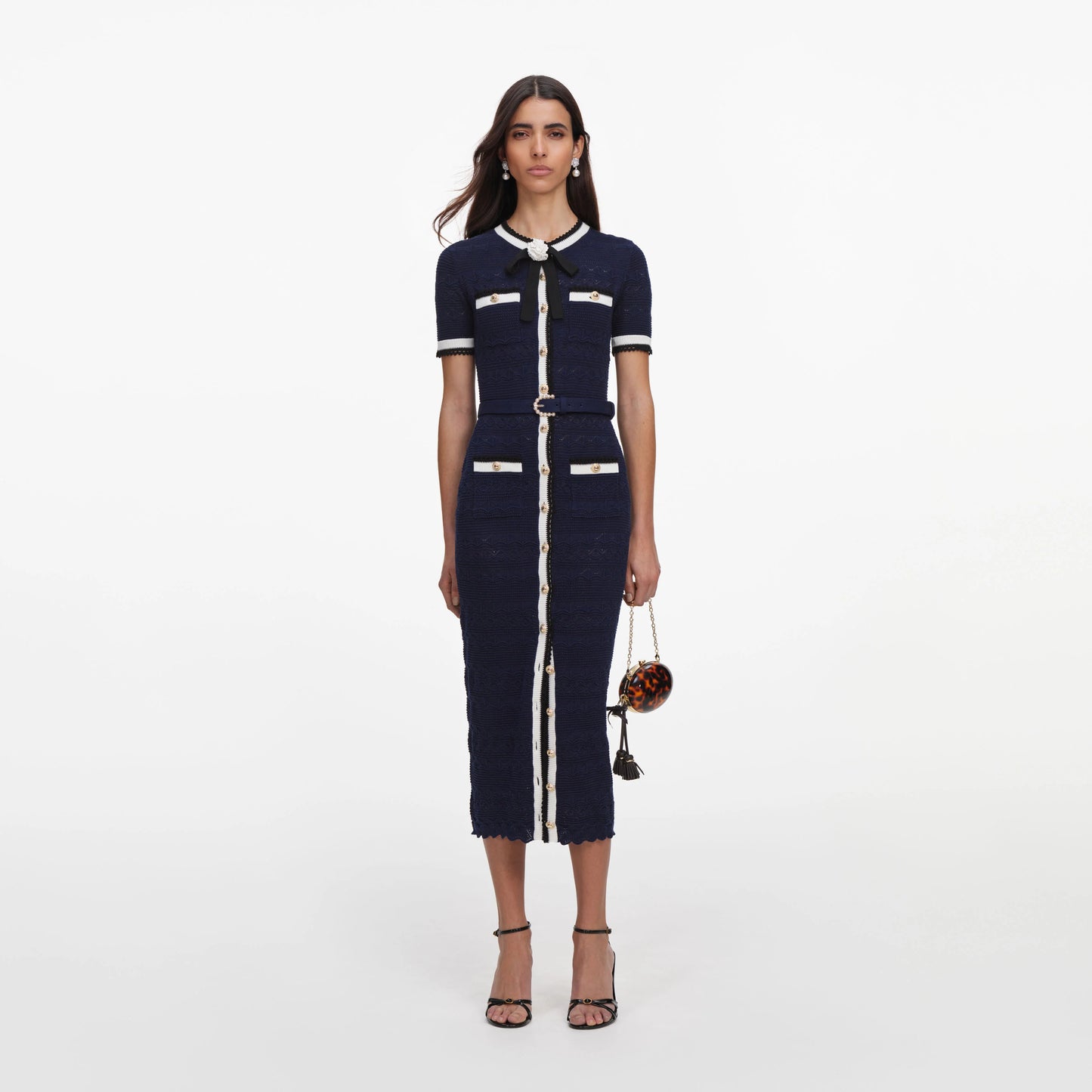 Navy Pointelle Knit Midi Dress