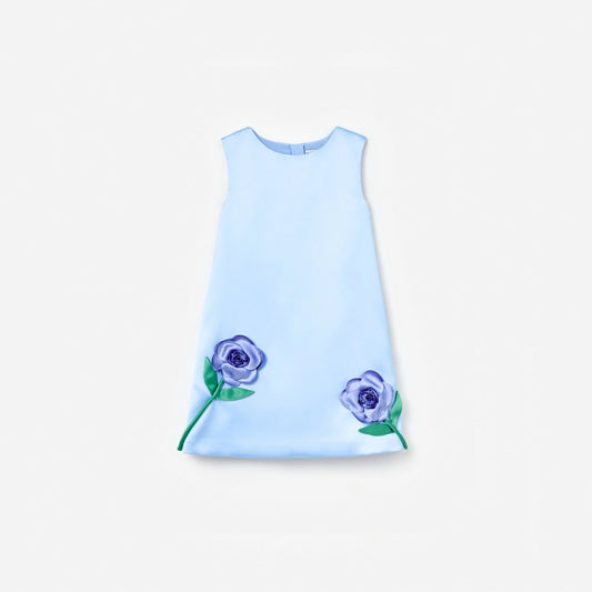 Blue Bonded Satin 3D Flower Dress