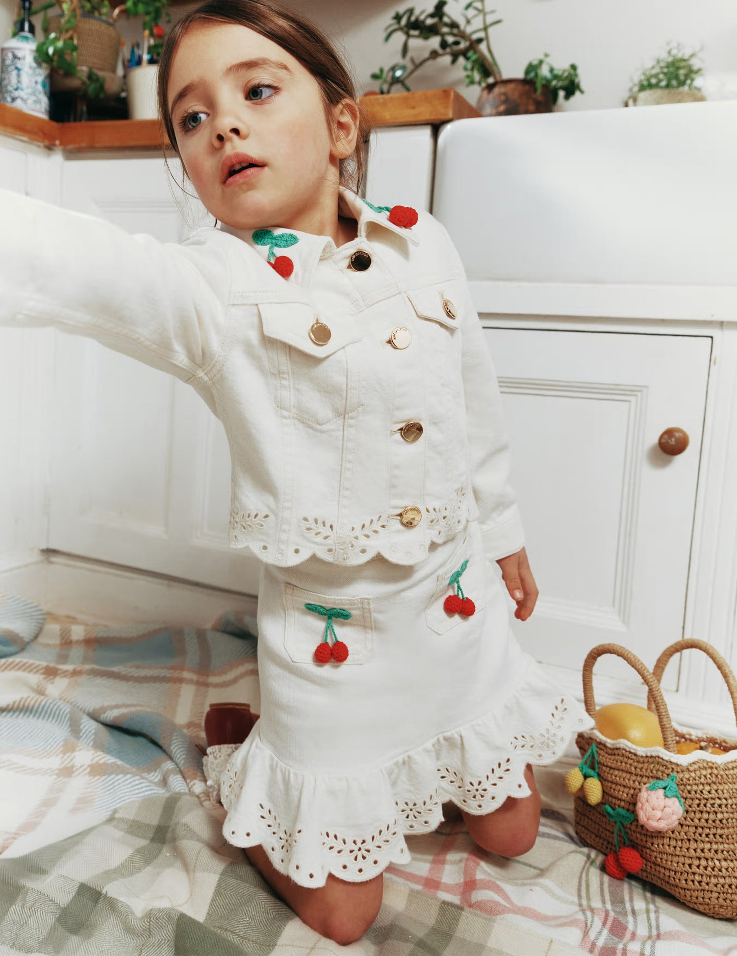 Cream Denim Cherry Motif Jacket