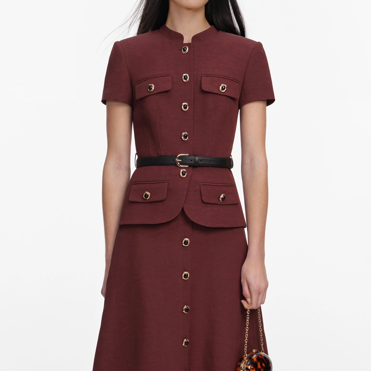 Brown Peplum Linen Blend Midi Dress