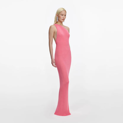 Pink Viscose Knit One Shoulder Maxi Dress