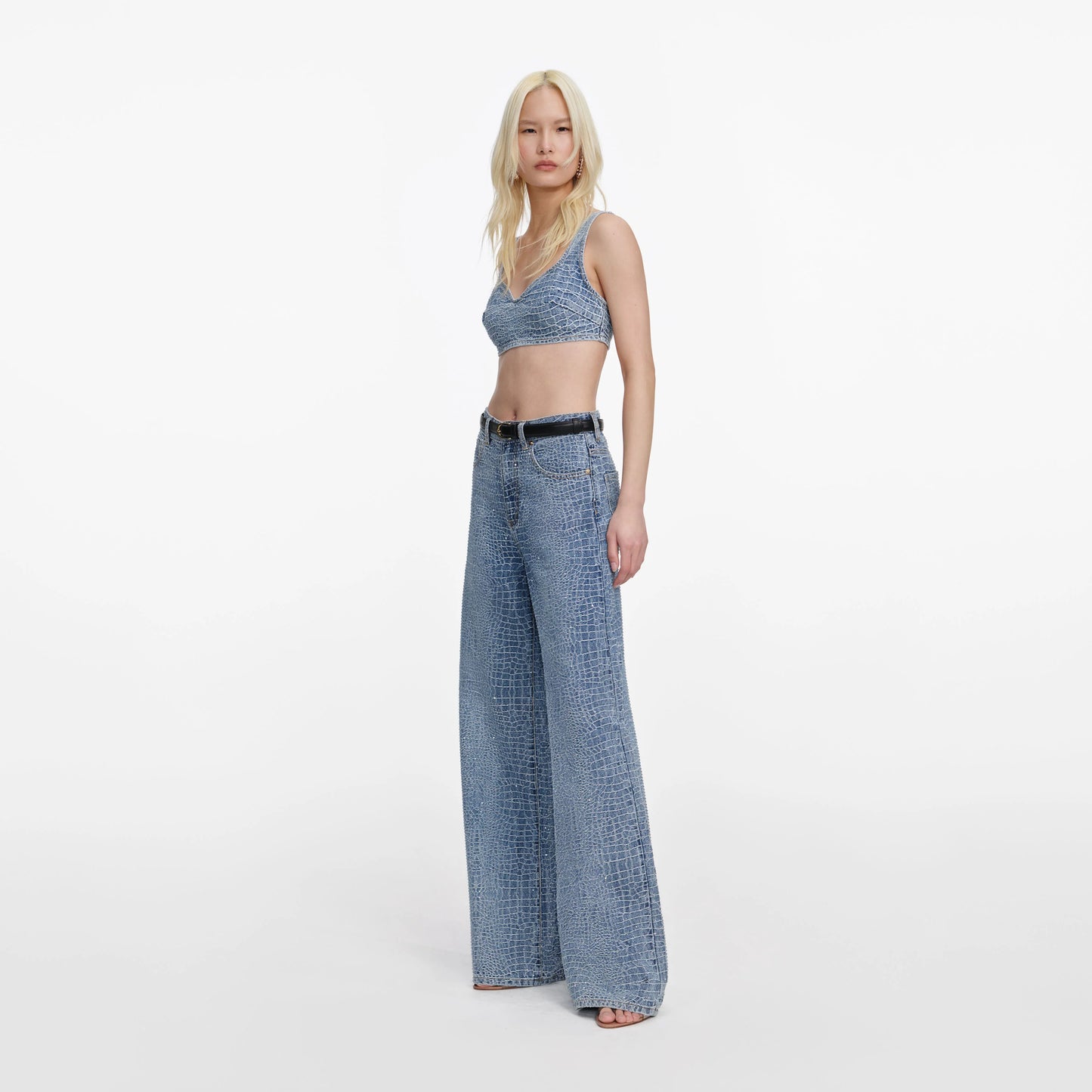 Rhinestone Croc Effect Wide Leg Jeans