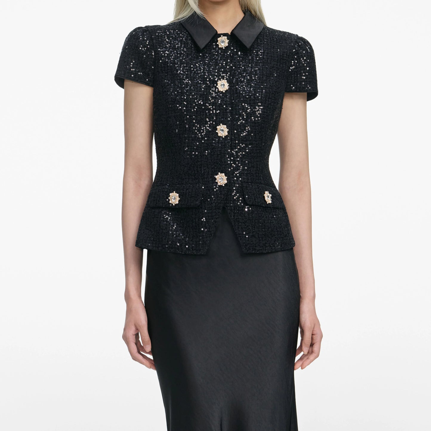 Black Sequin Boucle Satin Maxi Dress