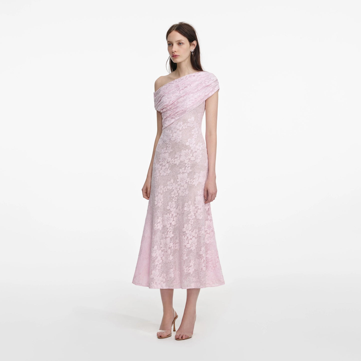 Pink Rhinestone Lace Asymmetric Midi Dress