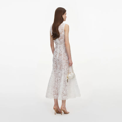 White Tulle Lace Midi Dress