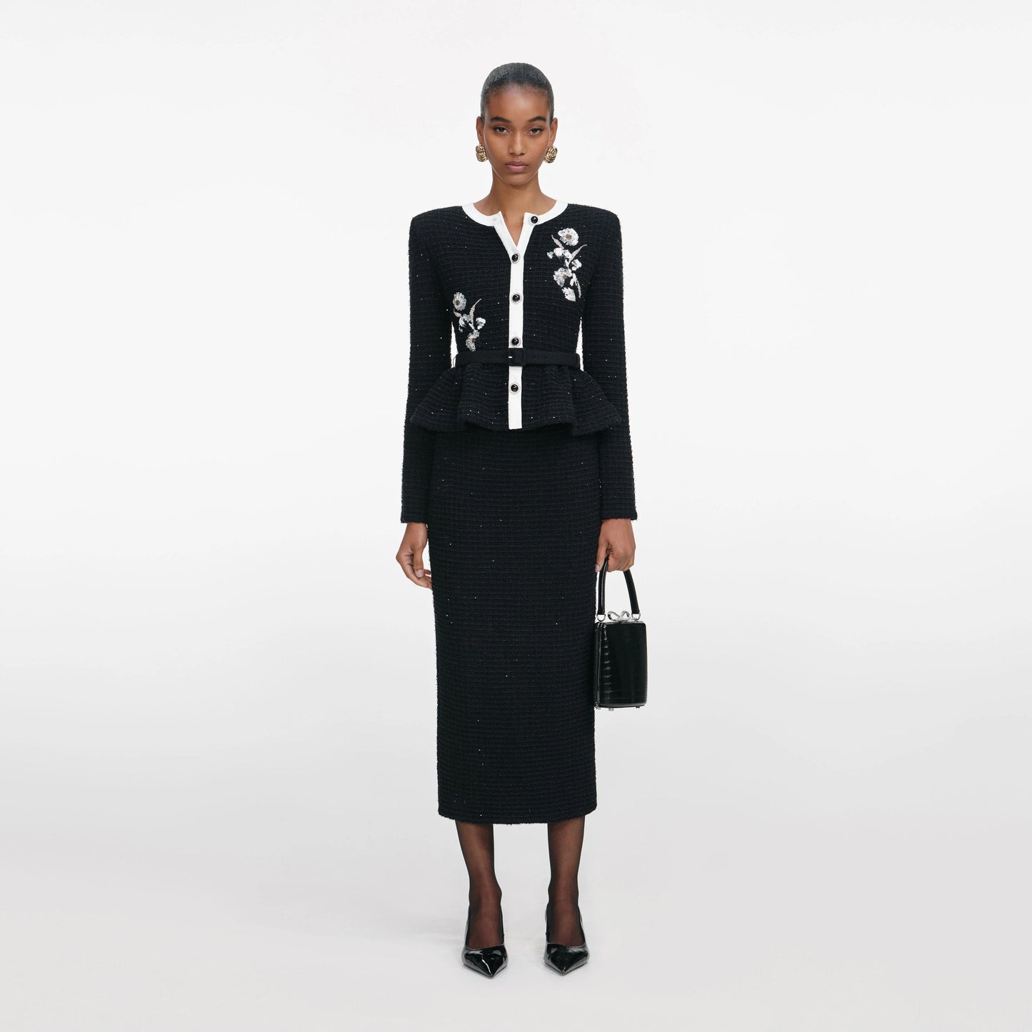 Black Floral Textured Knit Midi Dress