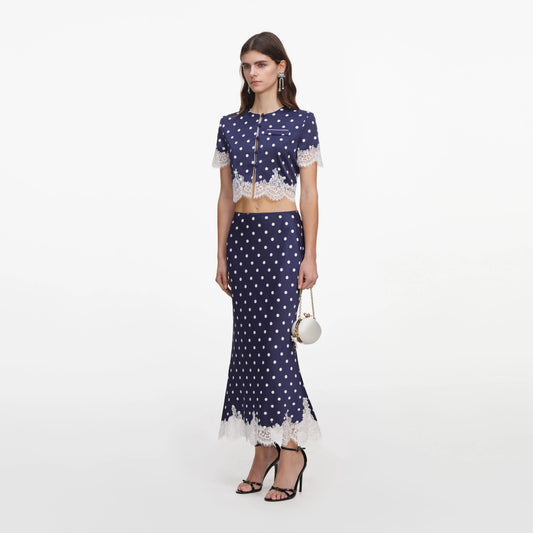 Navy Polka Dot Satin Midi Skirt