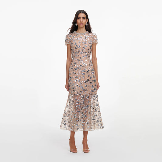 Silver Sequin Embellished Midi Dress