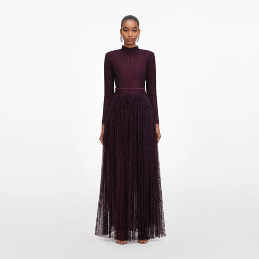 Burgundy Rhinestone Long Sleeve Maxi Dress