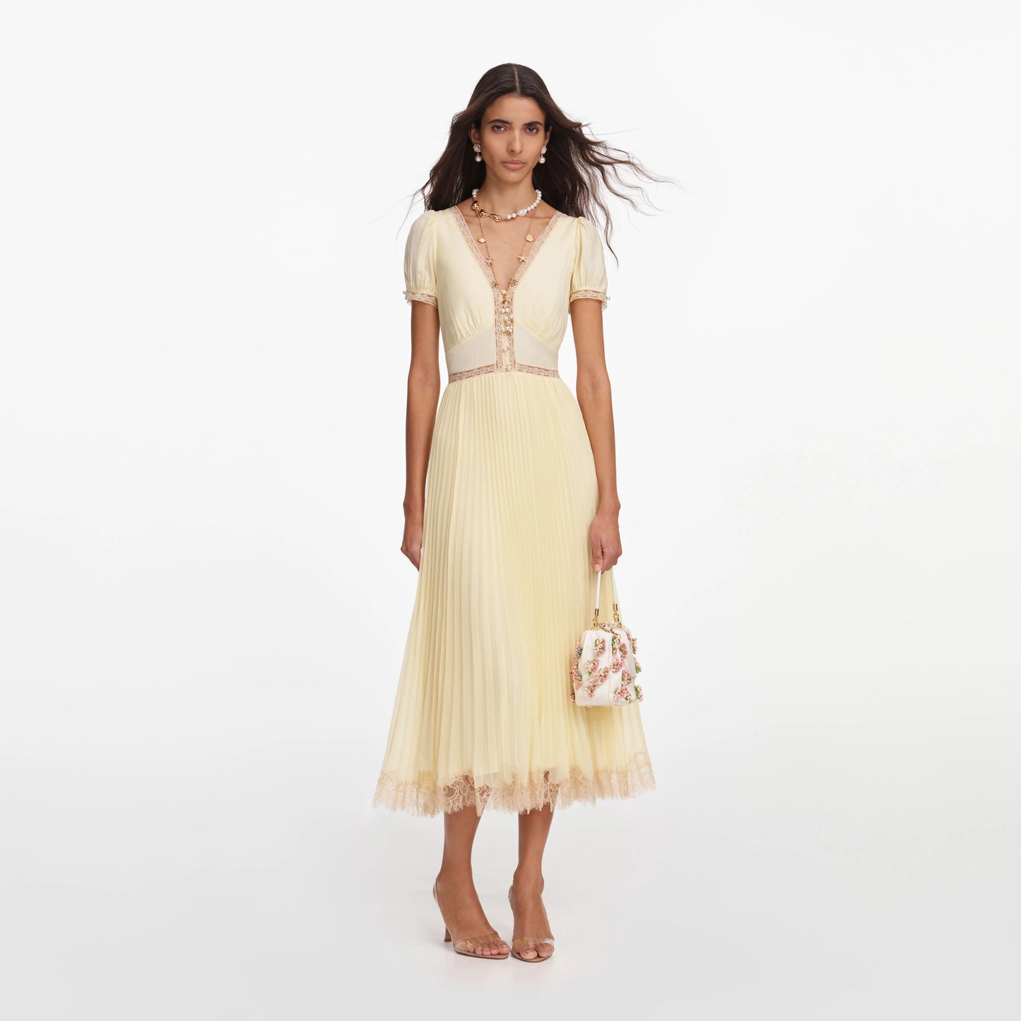 Yellow Viscose Pleated Lace Midi Dress