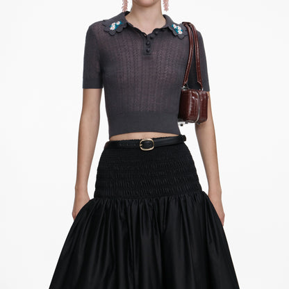 Grey Embroidered Pointelle Knit Top