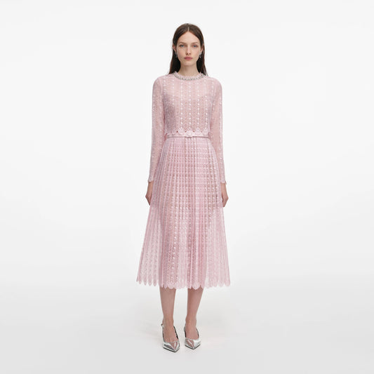 Pink Organza Lace Midi Dress