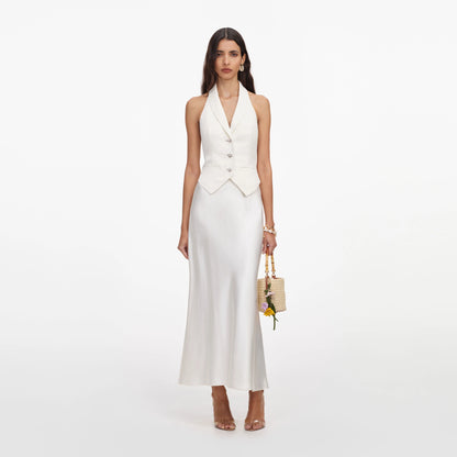 Cream Linen Blend Satin Midi Dress
