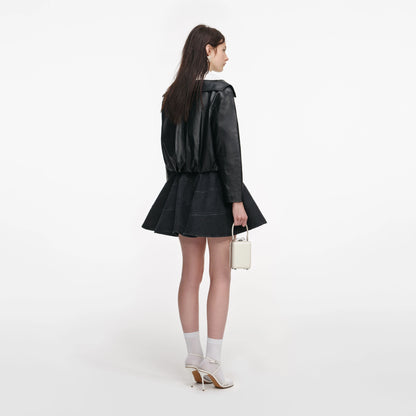 Black Leather Contrast Collar Jacket
