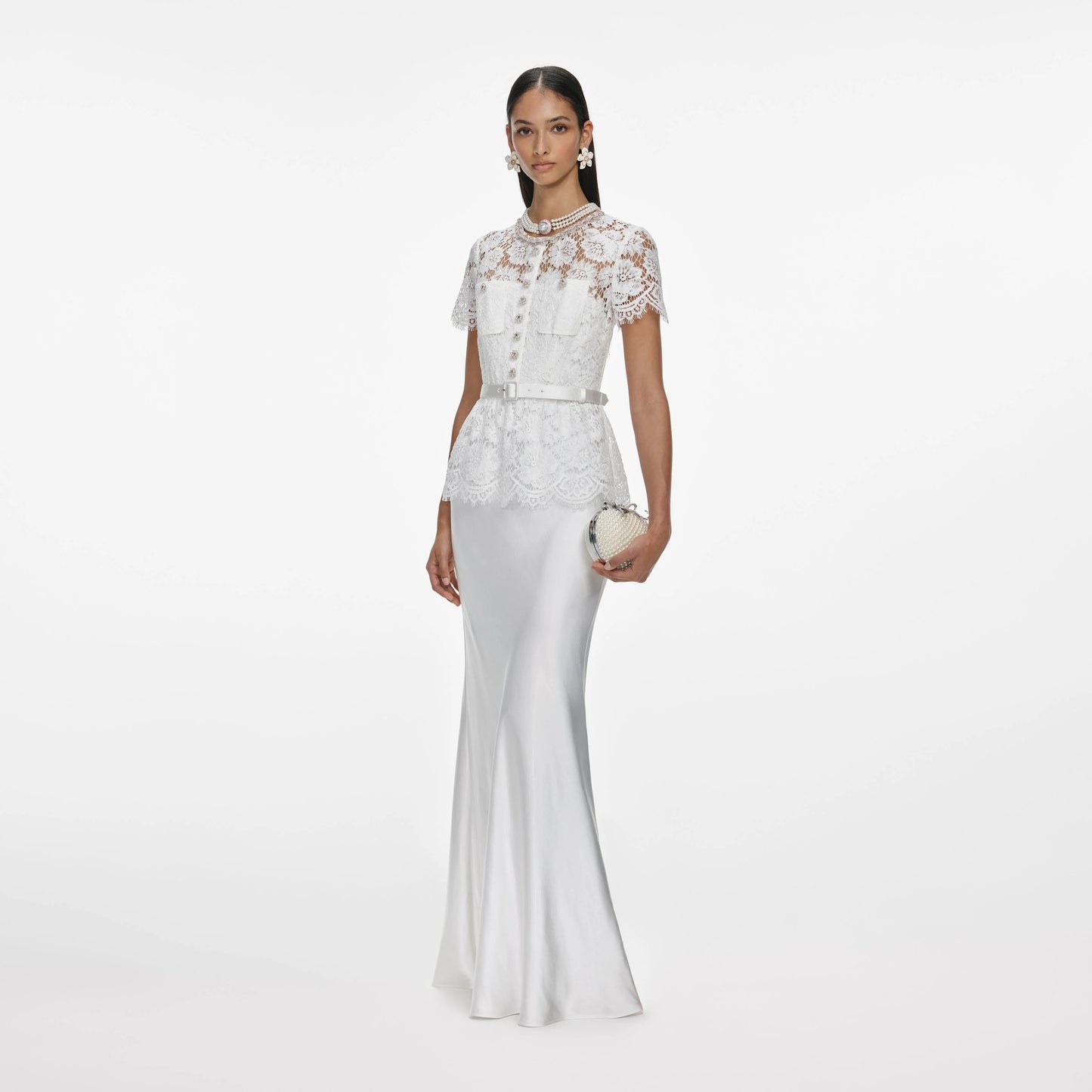 White Lace Satin Maxi Dress