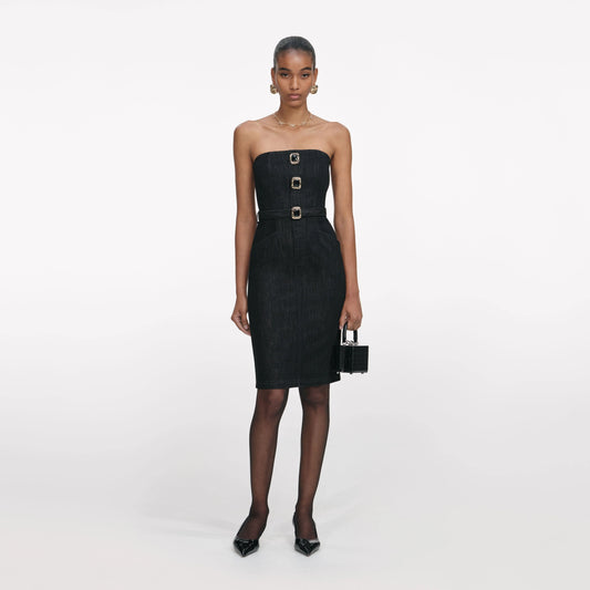 Black Denim Bandeau Midi Dress